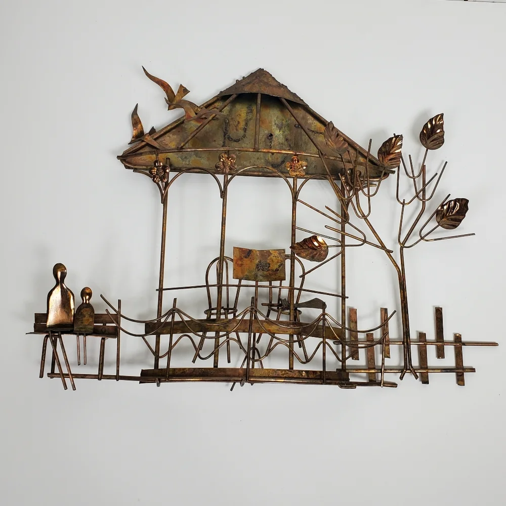 Vintage Emesco 3D copper wall art gazebo, park bench, trees, and flowers - Picture 12 of 12
